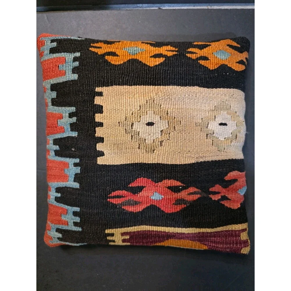 Vintage Kilim Pillow Handwoven Wool Southwestern Tribal Geometric Accent Cushion